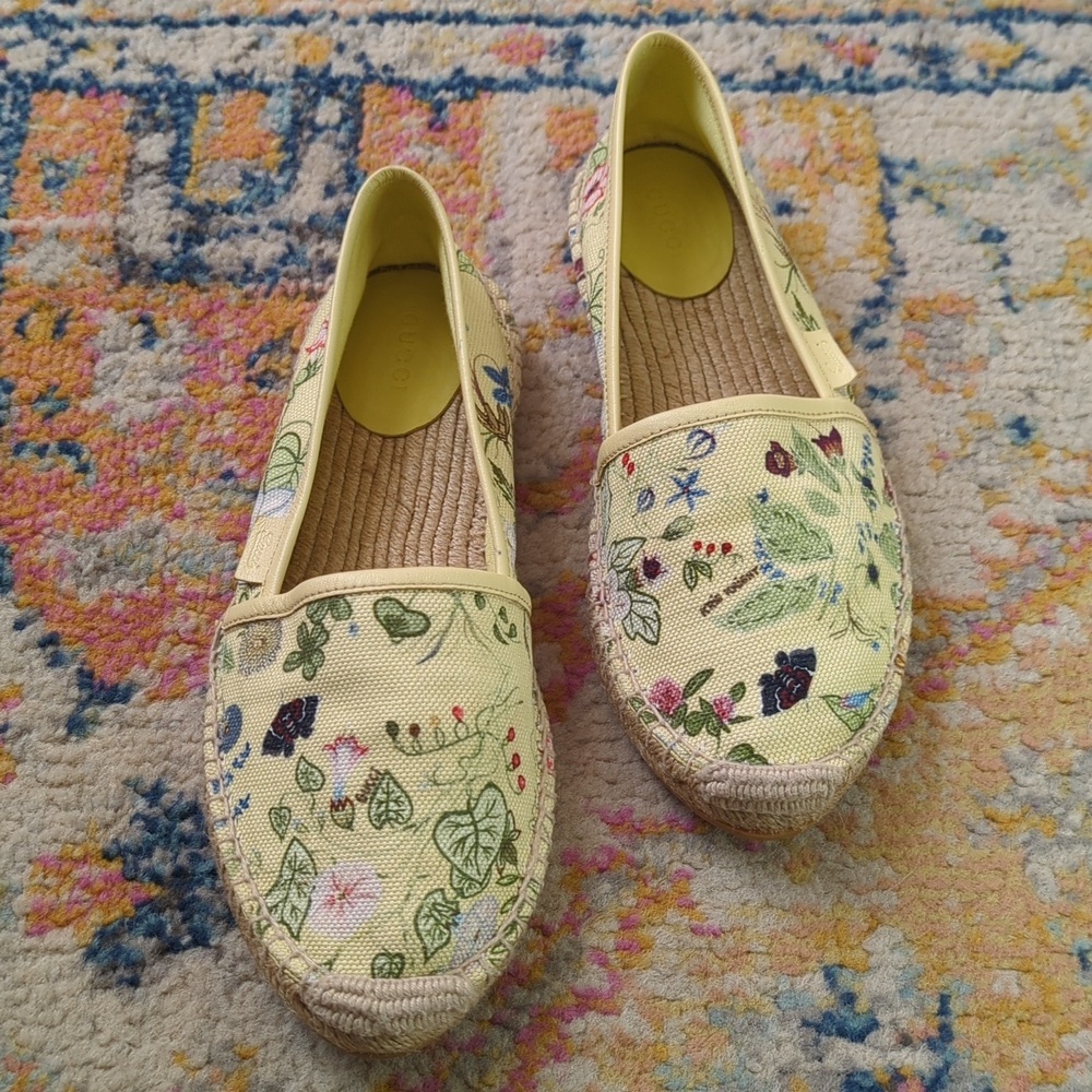 Gucci x Kris Knight Flora Knight Floral Canvas Espadrille Flats Citrus Yellow 38
